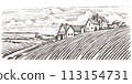 Rural landscape with a farm in engraving style. Hand drawn Illustration vector 113154731