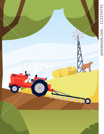Agriculture and farming vector illustration, cartoon red tractor with plow on rural hills, farm machinery on field 113154735