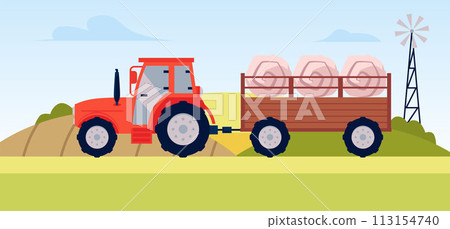 Vector illustration of agricultural machinery: a tractor with a trailer filled with round bales of hay 113154740