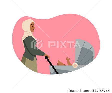 Muslim mother walking with newborn in baby carriage, happy woman in hijab takes care of infant, Islamic parent vector 113154766