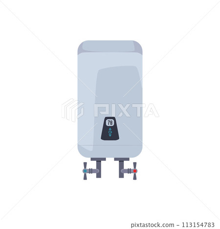 Vector illustration of an electric or gas boiler with two pipes and taps for heating on a white background Vector illustration of an electric or gas boiler with two pipes and taps for heating on a white background 113154783