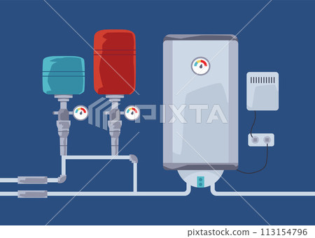 Vector illustration of electric or gas metal water heating equipment: boiler and tanks with pipes 113154796