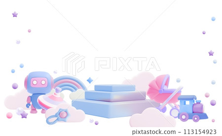 Pink and blue podium pedestal, newborn care accessories, toys stage for baby shop 3D vector advertising design on white Pink and blue podium pedestal, newborn care accessories, toys stage for baby shop 3D vector advertising design on white 113154923