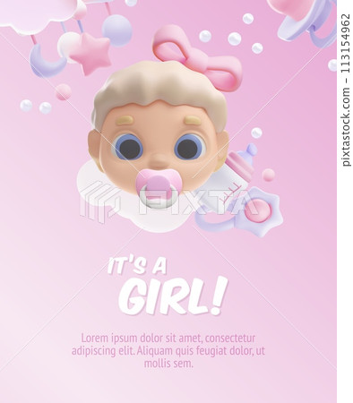 Baby shower. 3d vector illustration of a poster with space for text. Baby shower. 3d vector illustration of a poster with space for text. 113154962