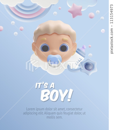 Cute baby boy face with blue nipple, bottle with pacifier rattle, cartoon Baby shower It's a boy 3d vector poster design 113154973