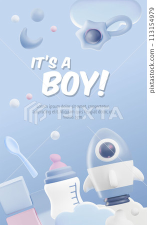 Baby shower 3d style space with lettering It's a boy vector poster, cartoon blue vertical invitation design, spaceship Baby shower 3d style space with lettering It's a boy vector poster, cartoon blue vertical invitation design, spaceship 113154979
