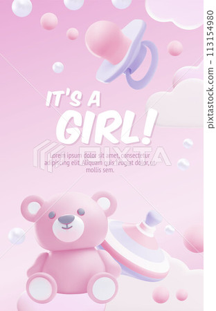 Poster with a bear, a spinning top and a pacifier on a pink background. Poster with a bear, a spinning top and a pacifier on a pink background. 113154980