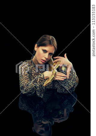 Portrait of young woman with makeup, in animal print blouse posing with snake against black studio background. Portrait of young woman with makeup, in animal print blouse posing with snake against black studio background. 113155183