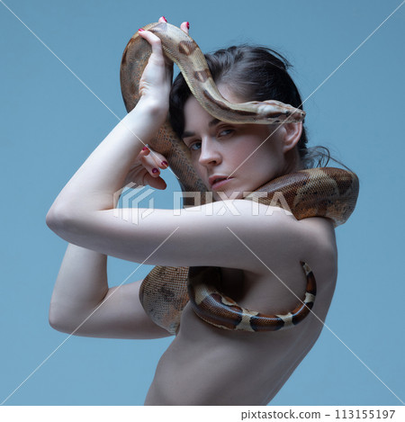 Beautiful brunette young woman with slim body posing with snake around her neck on blue studio background. Beautiful brunette young woman with slim body posing with snake around her neck on blue studio background. 113155197