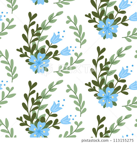 Hand drawn stylized bunch of flowers seamless pattern. Flat hand drawn colored elements on white background. Trendy print design for textile, wallpaper, interior, wrapping Hand drawn stylized bunch of flowers seamless pattern. Flat hand drawn colored elements on white background. Trendy print design for textile, wallpaper, interior, wrapping 113155275