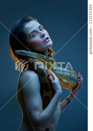 Portrait of young elegant woman with pink cheeks posing shirtless with snake over her body against dark blue studio background in neon light Portrait of young elegant woman with pink cheeks posing shirtless with snake over her body against dark blue studio background in neon light 113155305