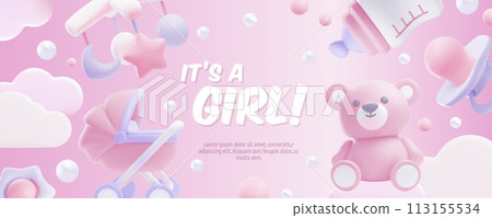 Baby shower 3d style with lettering It's a girl banner, vector cartoon pink horizontal design, newborn accessories, toys 113155534