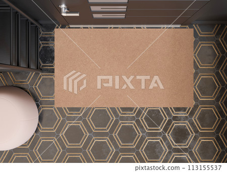 Blank brown door mat on elegant tiles floor, perfect for showcasing custom prints or company logos, suitable for design previews. Welcome mat with copy space. Doormat mock up. Carpet at entrance. 3D. 113155537