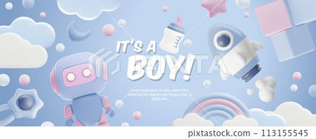 Baby shower 3d style space with lettering It's a boy banner, vector cartoon blue horizontal invitation design, spaceship Baby shower 3d style space with lettering It's a boy banner, vector cartoon blue horizontal invitation design, spaceship 113155545