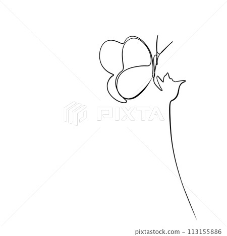 Continuous drawing of lines. Line art continuous drawing of a butterfly on a flower Continuous drawing of lines. Line art continuous drawing of a butterfly on a flower 113155886