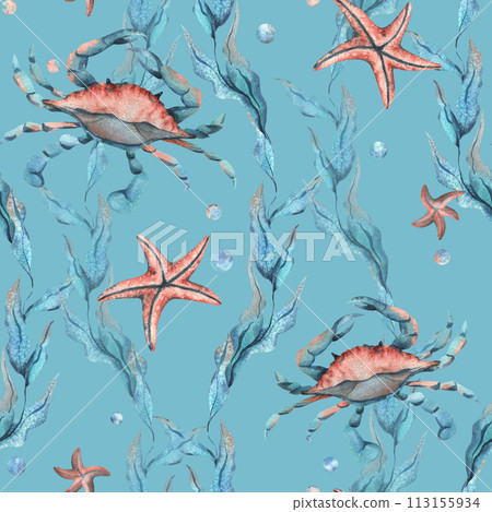 Underwater world clipart with sea animals whale, turtle, octopus, seahorse, starfish, shells, coral and algae. Hand drawn watercolor illustration. Seamless pattern on a blue background 113155934