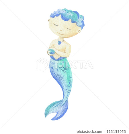 Mermaid is a little boy with tail, holding a pearl in her hand. Watercolor illustration hand drawn with pastel colors turquoise, blue, mint, coral. Element isolated from background Mermaid is a little boy with tail, holding a pearl in her hand. Watercolor illustration hand drawn with pastel colors turquoise, blue, mint, coral. Element isolated from background 113155953