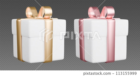 Gift boxes with ribbons, realistic 3d white boxes with golden and rose gold bows. Surprise gift Gift boxes with ribbons, realistic 3d white boxes with golden and rose gold bows. Surprise gift 113155999