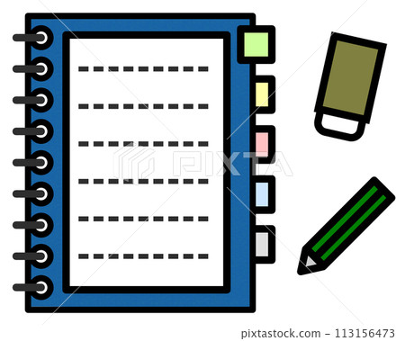 Illustration of a blank notepad notebook and writing utensils 113156473