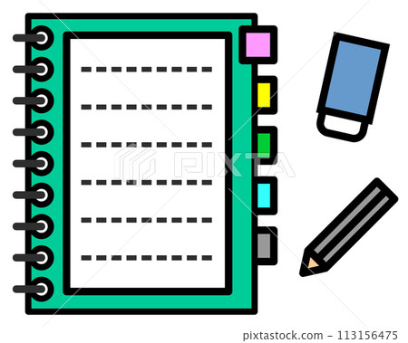 Illustration of a blank notepad notebook and writing utensils 113156475