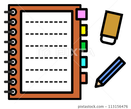 Illustration of a blank notepad notebook and writing utensils 113156476