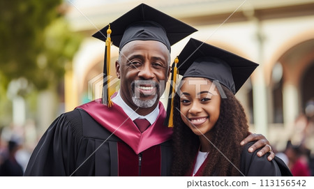Proud father attends daughter's graduation ceremony, beaming with joy.AI Generated 113156542