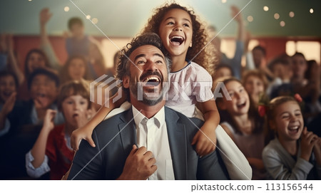 Father and daughter enjoy show with excitement, cheer.AI Generated 113156544