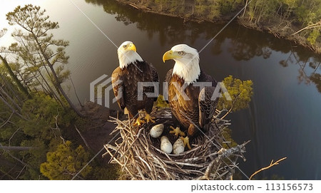 Majestic Bald Eagles in the Nest with Their Eggs. Biodiversity, Birdwatching, Wildlife. AI Generated 113156573