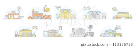 City Municipal Building and Architecture Line Vector Set City Municipal Building and Architecture Line Vector Set 113156756