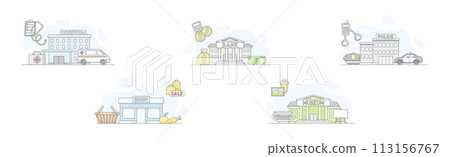 City Municipal Building and Architecture Line Vector Set City Municipal Building and Architecture Line Vector Set 113156767