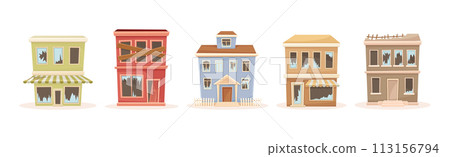 Ruined House and Abandoned Building in Bad Condition Vector Set 113156794