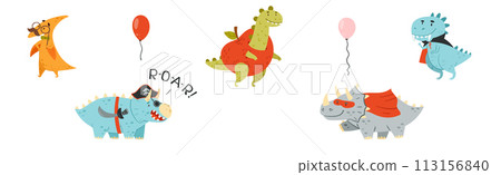 Colorful Dinosaur at Birthday Party Celebrate Holiday Vector Set 113156840