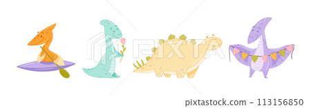 Cute Comic Dinosaur Do Different Activity Vector Set 113156850