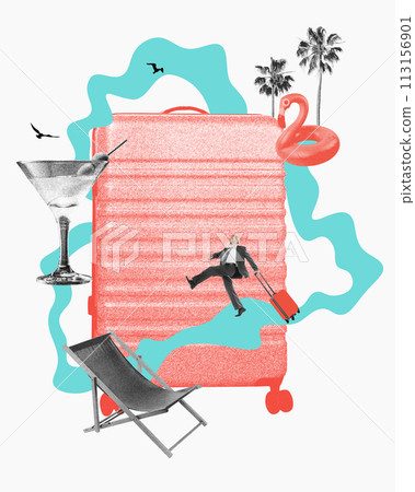Business man going on vacation with suitcase, chair, cocktail and flamingo swimming circle on background. Contemporary art collage 113156901