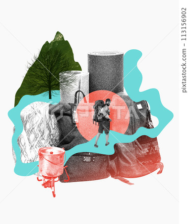 Young man with backpack going upwards mountains, climbing, hiking. Active travelling. Contemporary art collage. Camping items Young man with backpack going upwards mountains, climbing, hiking. Active travelling. Contemporary art collage. Camping items 113156902