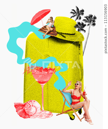 Contemporary art collage. Two elegant women in swimsuits resting on beach with cocktail, shell on abstract sea background Contemporary art collage. Two elegant women in swimsuits resting on beach with cocktail, shell on abstract sea background 113156903
