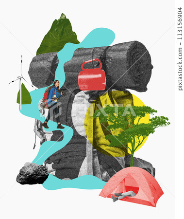 Young woman with backpack goin hiking mountains, camping. Nature landscapes. Contemporary art collage Young woman with backpack goin hiking mountains, camping. Nature landscapes. Contemporary art collage 113156904
