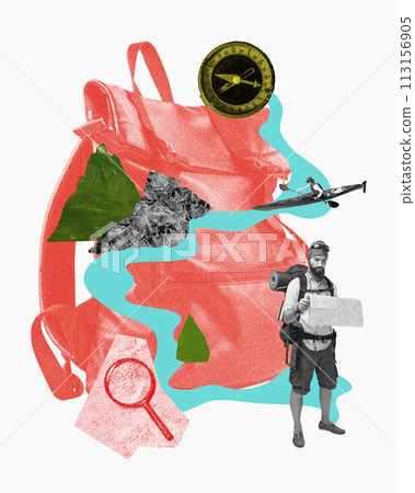 Contemporary art collage. Hiker standing with with map and compass, woman on rowing on kayak against abstract nature elements. Contemporary art collage. Hiker standing with with map and compass, woman on rowing on kayak against abstract nature elements. 113156905