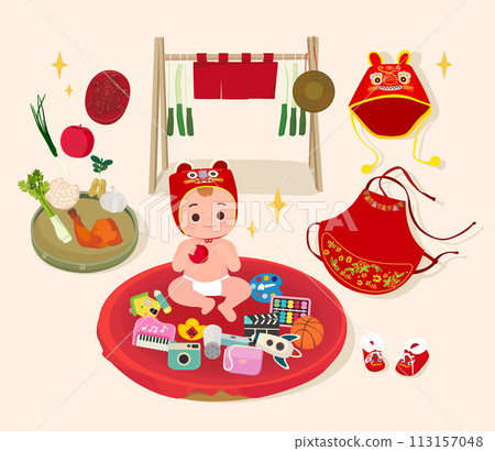 Chinese first birthday ceremy elements collection. 113157048