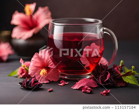 Red hibiscus tea beverage with flowers and dry petals. Herbal tea made from carcade petals in a transparent glass cup on a dark background. 113157184