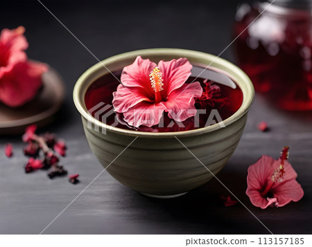 Red hibiscus tea beverage with flowers and dry petals. Herbal tea made from carcade petals in a cup on a dark background. 113157185