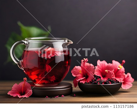 Red hibiscus tea beverage with flowers and dry petals. Herbal tea made from carcade petals in a transparent glass teapot on a dark background. 113157186