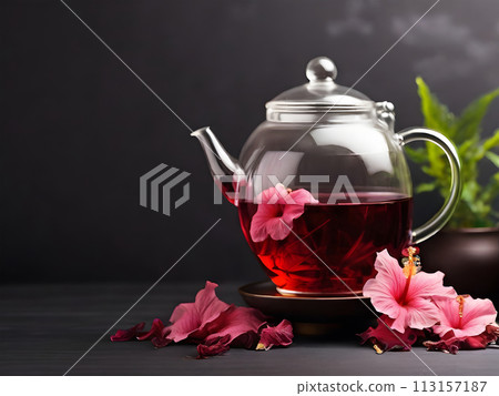 Red hibiscus tea beverage with flowers and dry petals. Herbal tea made from carcade petals in a transparent glass teapot on a dark background. 113157187