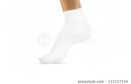Blank white ancle socks tiptoe on leg mockup, profile view 113157234