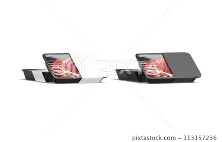 Blank transparent plastic beef tray with black white label mockup 113157236
