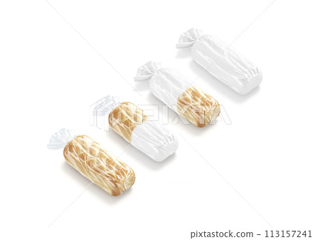 Blank bread in white transparent cellophane pack mockup, side view 113157241