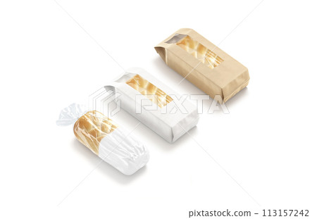 Blank bread in white transparent cellophane and paper pack mockup Blank bread in white transparent cellophane and paper pack mockup 113157242