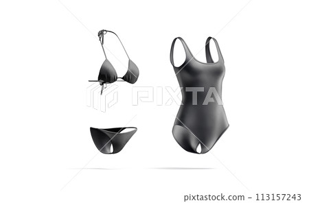 Blank black one-piece swimsuit and bikini mockup, side view 113157243