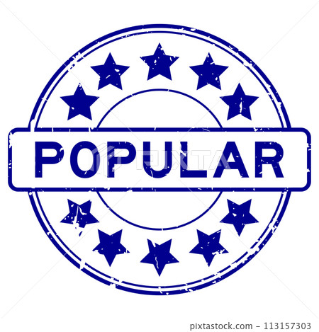 Grunge blue popular word with star icon round rubber seal stamp on white background 113157303