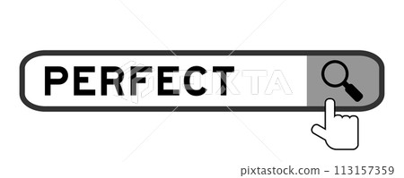 Search banner in word perfect with hand over magnifier icon on white background Search banner in word perfect with hand over magnifier icon on white background 113157359